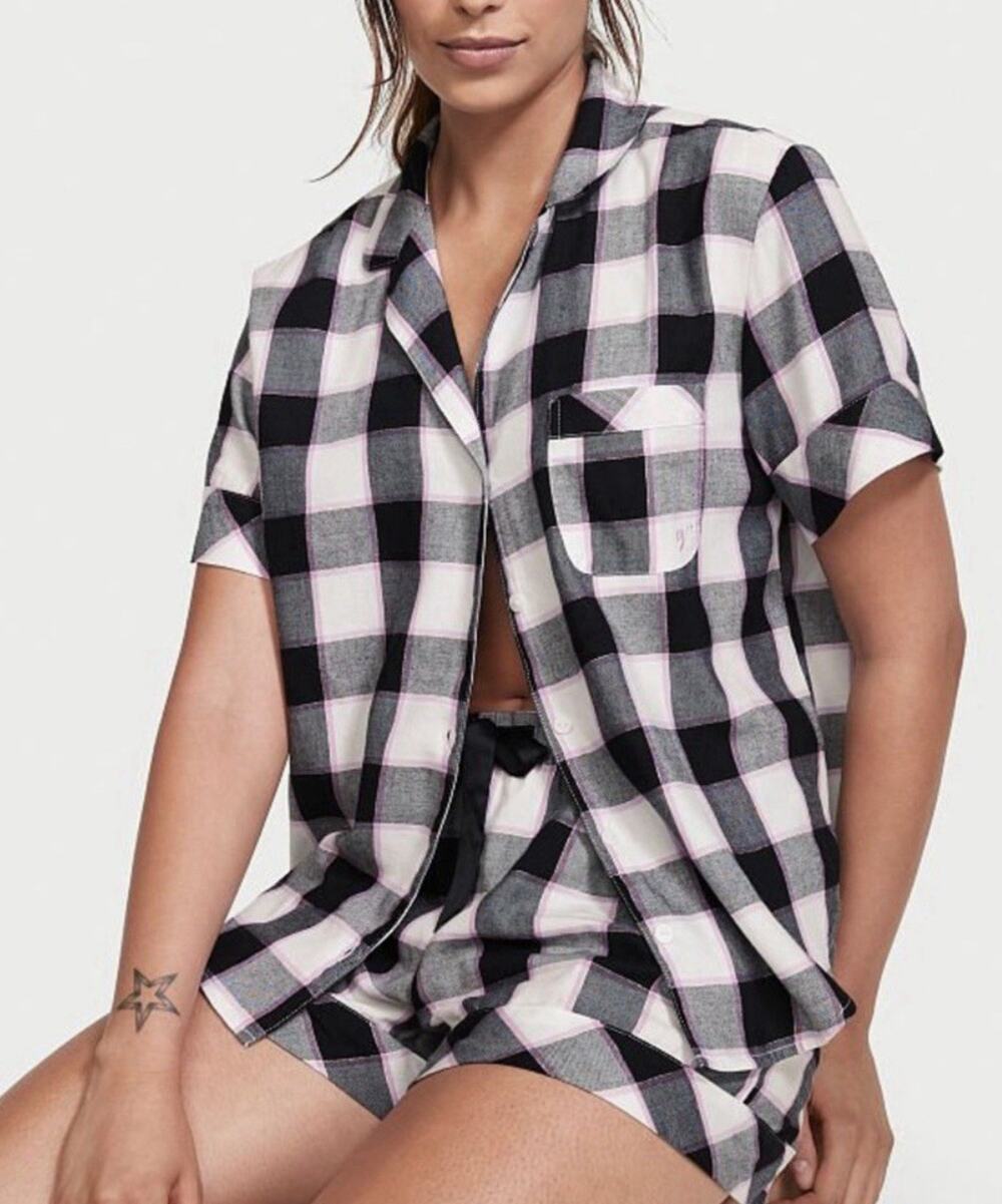 Victoria's Secret Pink Black Plaid Short Sleeve Pajama Button Large Sleepwear